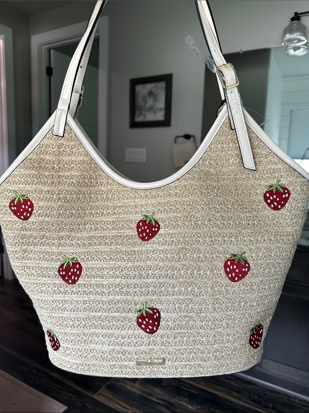 BCBGeneration Straw Tote with Red Strawberry Appliqués and Cream Trim - Picture 6 of 15